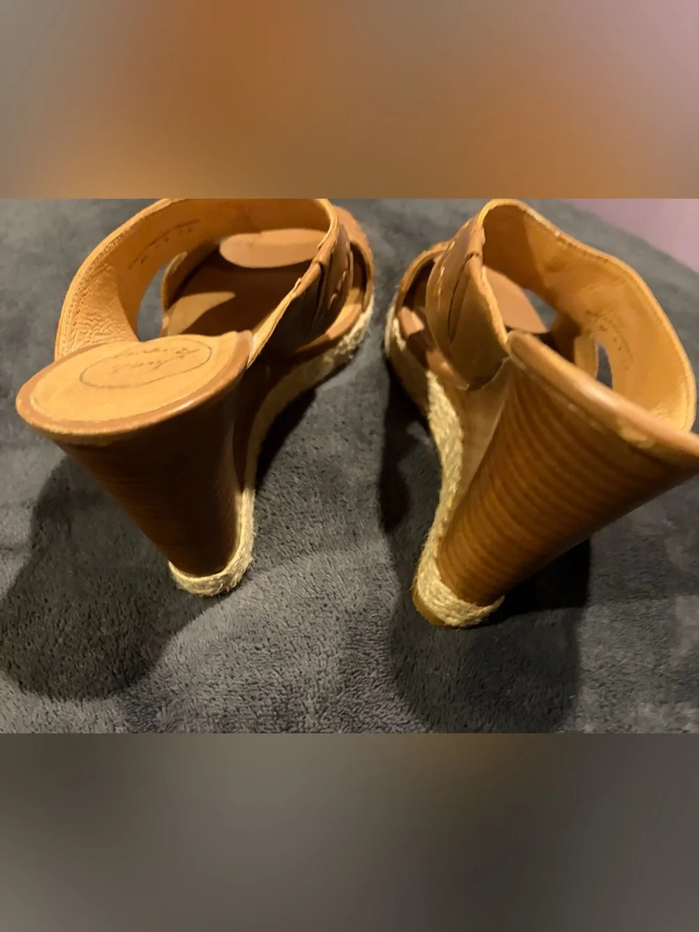 Jack Rogers Espadrille Tan Leather Cutout Slide Wedges - Size 8